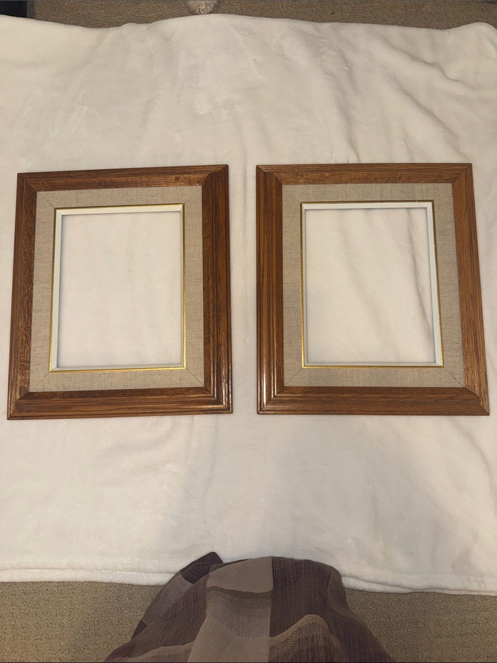 Classic Brown Wood Picture Frame Pair with Cream Linen Mat and Gold Trim
